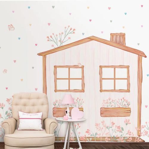 Papel de Parede Infantil Casinha com Corações Aquarela Color - Mural