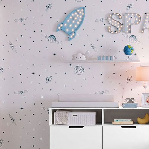 Papel de Parede Infantil Espaço Fundo Branco Azul Clássico
