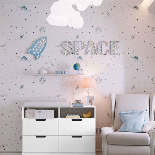 Papel de Parede Infantil Espaço Fundo Branco Azul Clássico