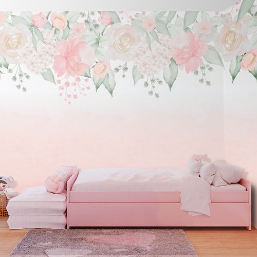 Papel de Parede Infantil Jardim com Rosas Aquarela Rosa - Mural
