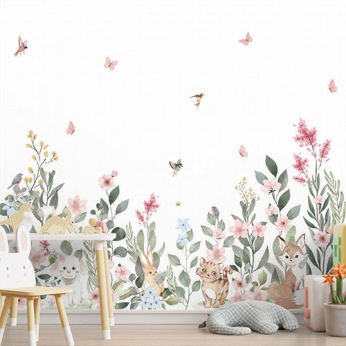 Papel de Parede Infantil Jardim Mali Bichos Rosa - Mural