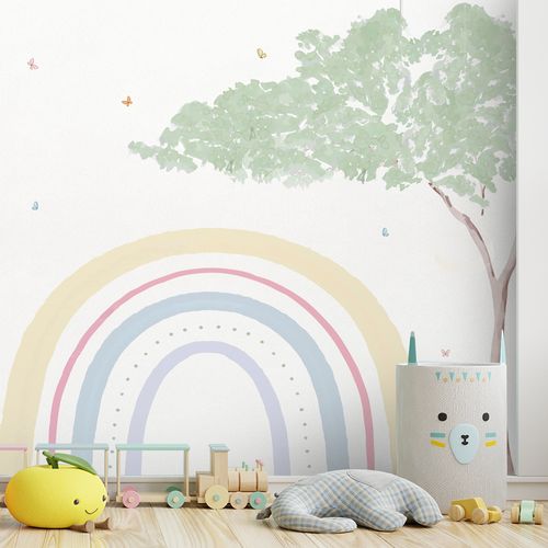 Papel de Parede Infantil Arco Íris com Árvore Aquarela - Mural