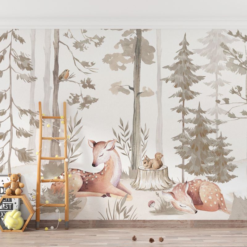 Papel-de-Parede-Infantil-Cervo-na-Floresta-Bege---Mural-1