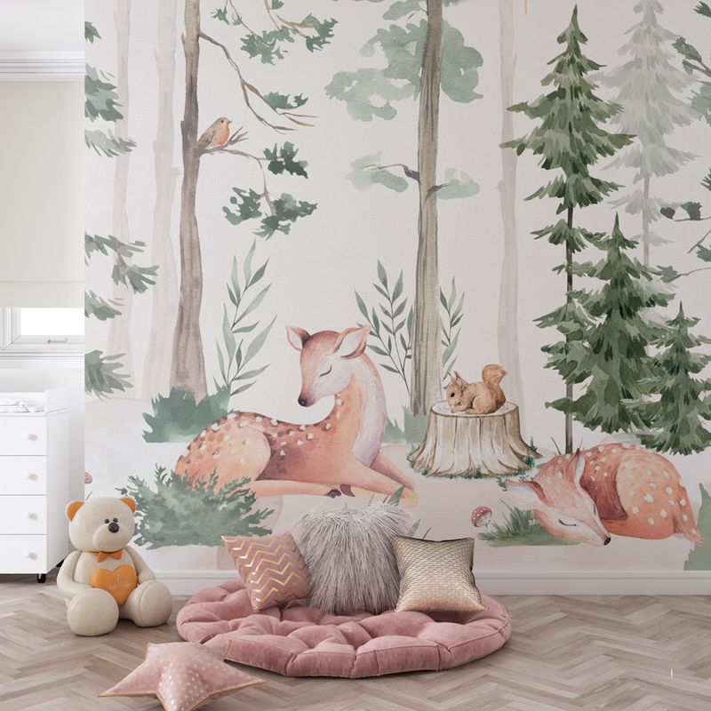 Papel-de-Parede-Infantil-Cervo-na-Floresta-Verde---Mural-1