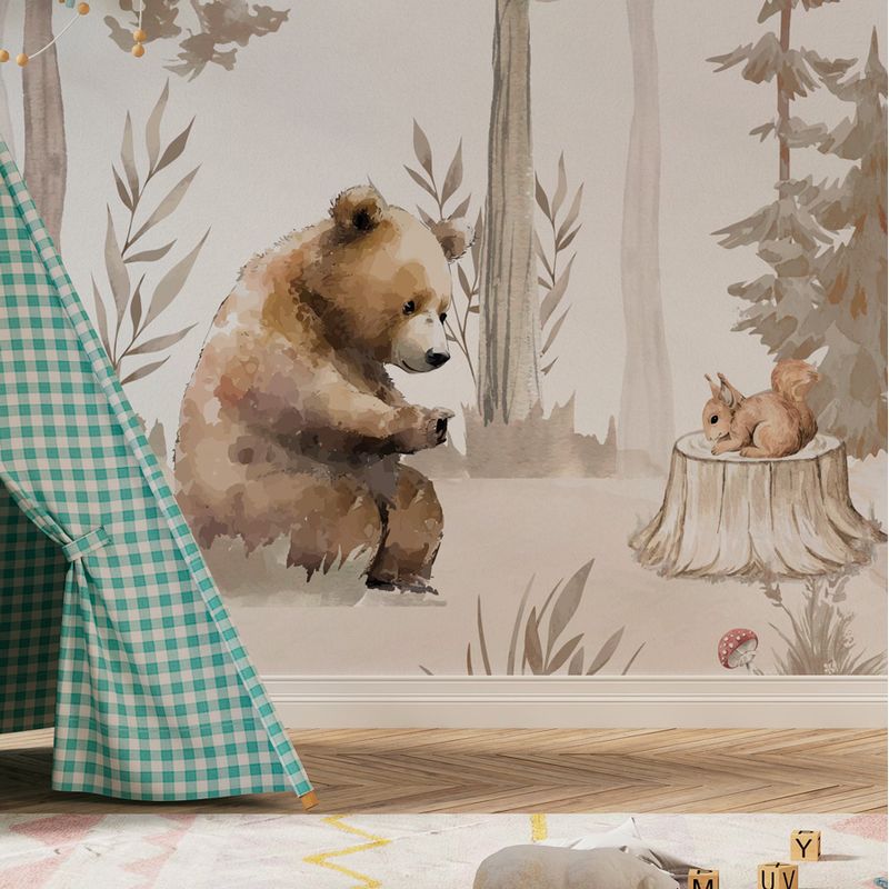 Papel-de-Parede-Infantil-Urso-na-Floresta-Bege---Mural-2
