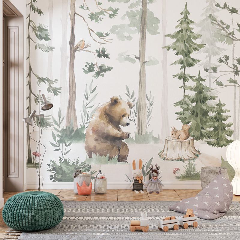 Papel-de-Parede-Infantil-Urso-na-Floresta-Verde---Mural-1