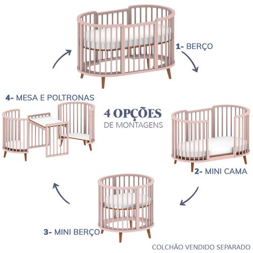 Berço Oval Slim 4 em 1 Rosa Old com Pé Madeira