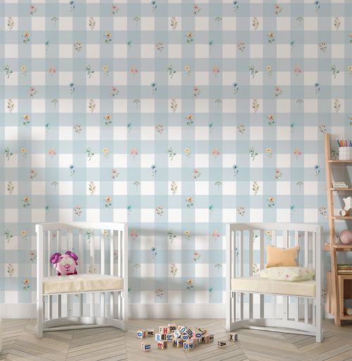 Papel de Parede Infantil Xadrez Azul Com Flores Paris