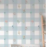 Papel-de-Parede-Infantil-Xadrez-Azul-Com-Flores-Paris-2