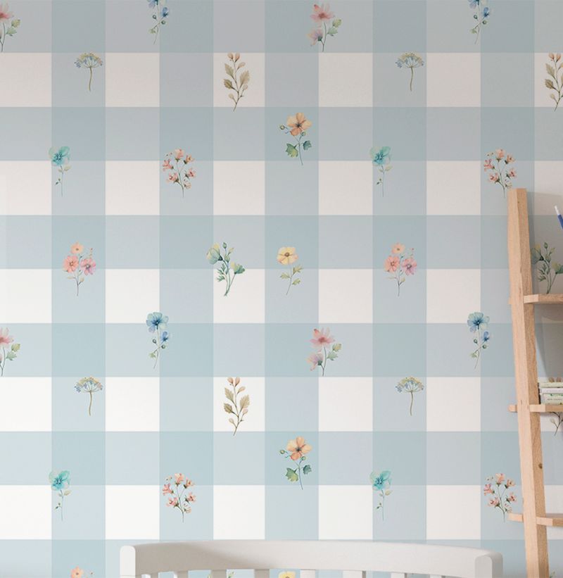 Papel-de-Parede-Infantil-Xadrez-Azul-Com-Flores-Paris-2