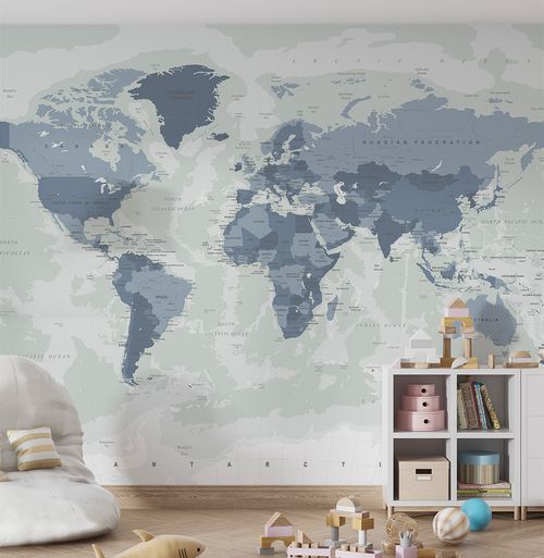 Papel de Parede Infantil Mapa Geopolítico Azul - Mural