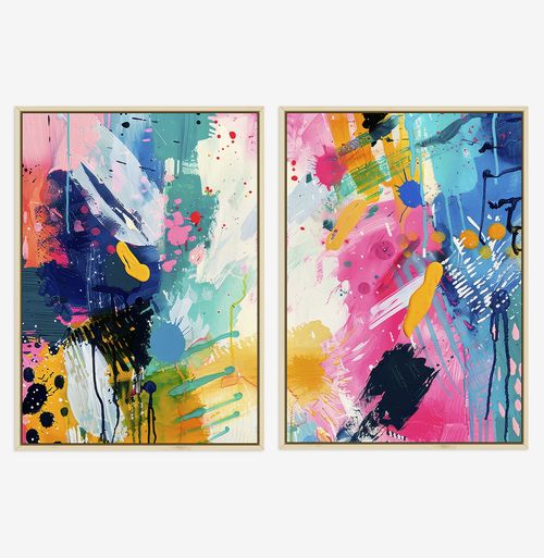 Conjunto com 2 Quadros Um Dia Colorido Moldura Flutuante Pinus - Vertical
