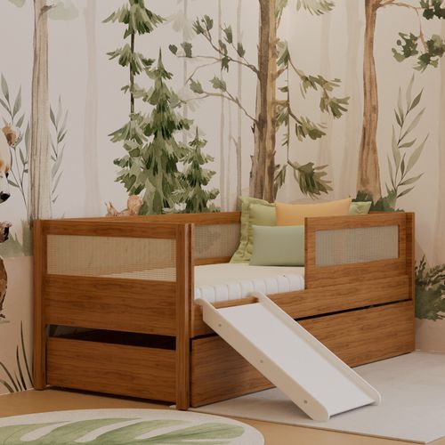 Combo Cama Sofá Haus Nature Com Palha 2 em 1 Com Cama Auxiliar e Escorregador - Freijó