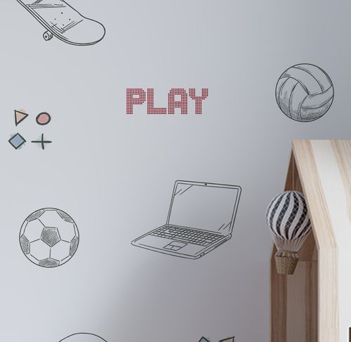 Papel de Parede Infantil Sport e Game Cinza - Mural