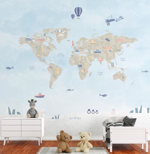 Papel de Parede Infantil Adesivo Mapa Mundi - Mural 3,0m X 2,70m - Bota Fora