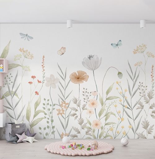 Papel de Parede Adesivo Infantil Flores do Campo Outono - Mural 3,0m x 2,70m - Bota Fora