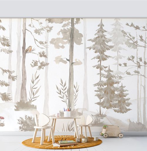 Papel de Parede Cola Infantil Árvores Aquarela Bege - Mural 4,0m x 2,70m - Bota Fora