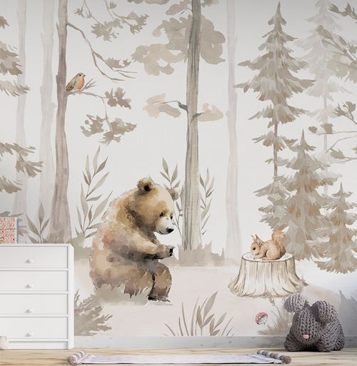 Papel de Parede Adesivo Infantil Urso na Floresta Bege 3,50m x 2,70m - Bota Fora