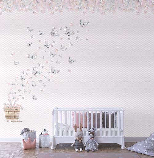 Papel de Parede Adesivo Infantil Borboleta Cinza Lado Esquerdo - Mural 4,0m x 2,70m - Bota Fora