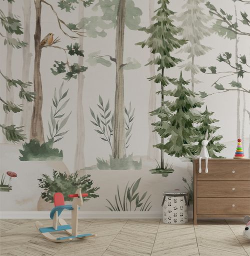 Papel de Parede Adesivo Infantil Árvores Aquarela Verde - Mural 3,0m x 2,70m - Bota Fora