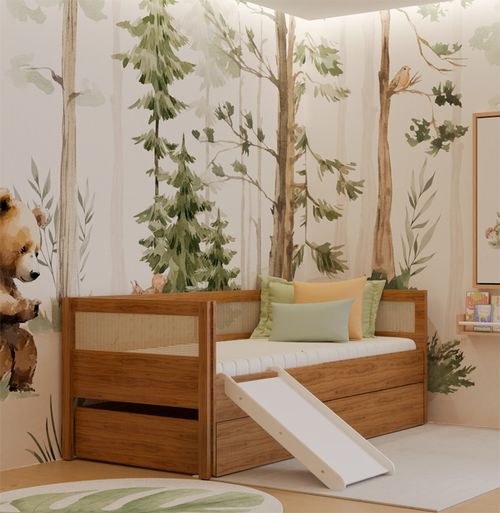 Combo Cama Sofá Haus Nature Com Palha 2 em 1 Com Cama Auxiliar e Escorregador - Freijó