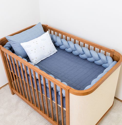 Kit Berço 5 Peças Quadradinho com Bordado Nuvem - Azul Jeans