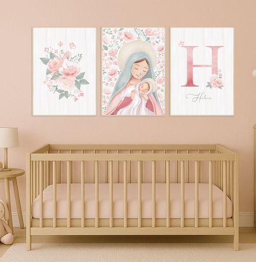 Conjunto com 3 Quadros Nossa Senhora com Bouquet e Inicial Rose Personalizado - Vertical