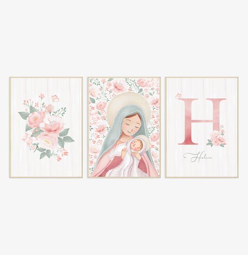Conjunto com 3 Quadros Nossa Senhora com Bouquet e Inicial Rose Personalizado - Vertical
