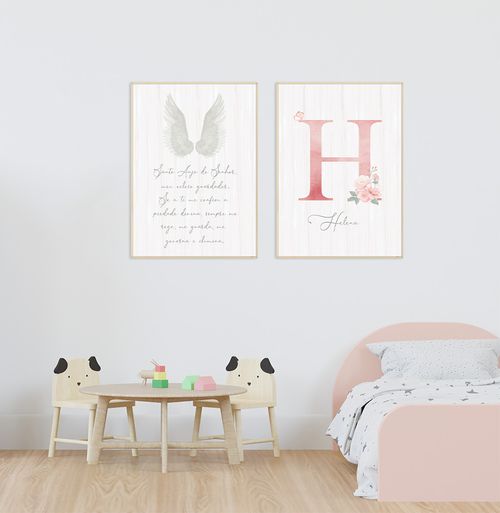 Conjunto com 2 Quadros Oração Santo Anjo e Inicial Personalizada Rose - Vertical
