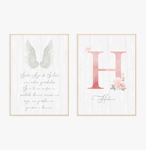 Conjunto com 2 Quadros Oração Santo Anjo e Inicial Personalizada Rose - Vertical