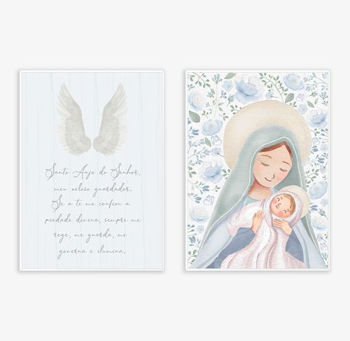 Conjunto com 2 Quadros Nossa Senhora e Oração Azul - Vertical