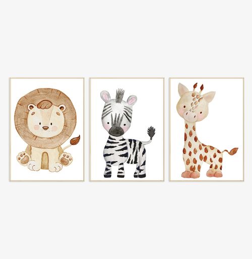Conjunto com 3 Quadros Leão, Girafa e Zebra Color - Vertical