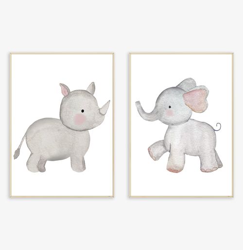 Conjunto com 2 Quadros Elefante e Rinoceronte Cinza - Vertical