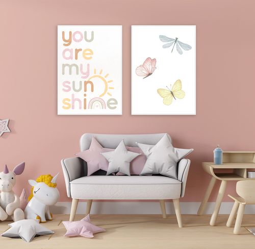 Conjunto com 2 Quadros Borboletas e You Are My Sunshine Aquarela Candy - Vertical
