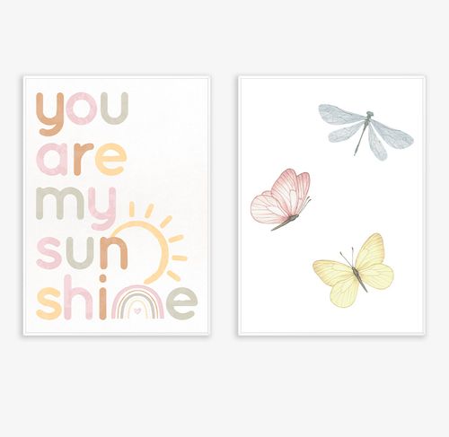 Conjunto com 2 Quadros Borboletas e You Are My Sunshine Aquarela Candy - Vertical