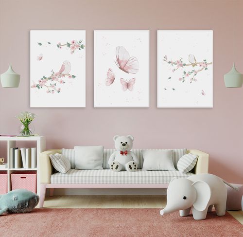 Conjunto com 3 Quadros Jardim, Borboletas e Pássaros Rosa - Vertical