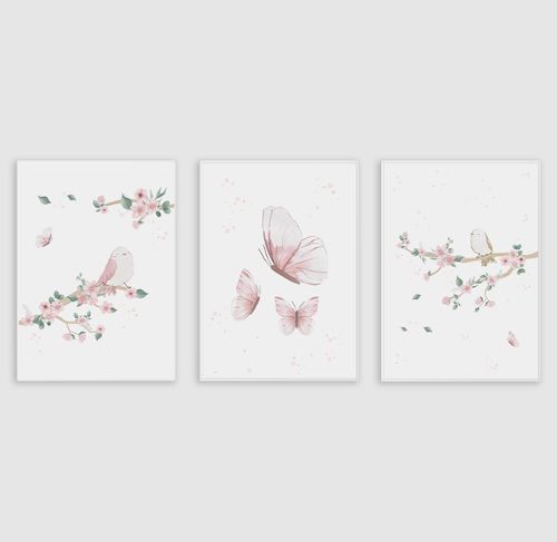 Conjunto com 3 Quadros Jardim, Borboletas e Pássaros Rosa - Vertical