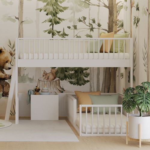 Beliche Infantil Montessoriana Com Cama de Solteiro Fazenda - Branco