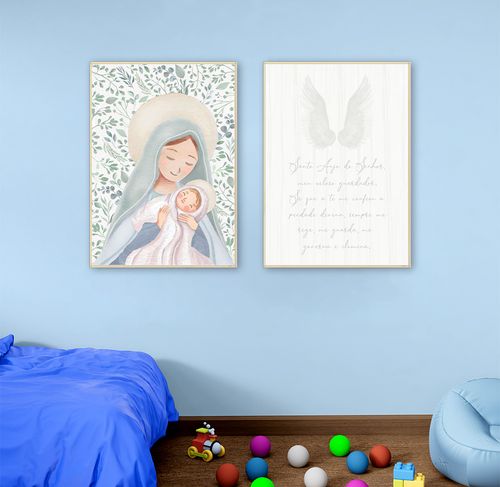 Conjunto com 2 Quadros Nossa Senhora e Oração Bege - Vertical