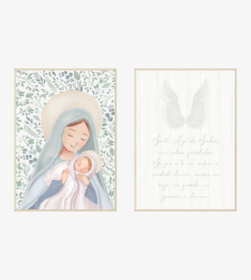 Conjunto com 2 Quadros Nossa Senhora e Oração Bege - Vertical