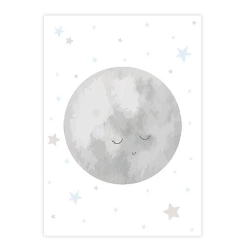 Quadro Infantil Lua Cheia Aquarela Cinza - Vertical