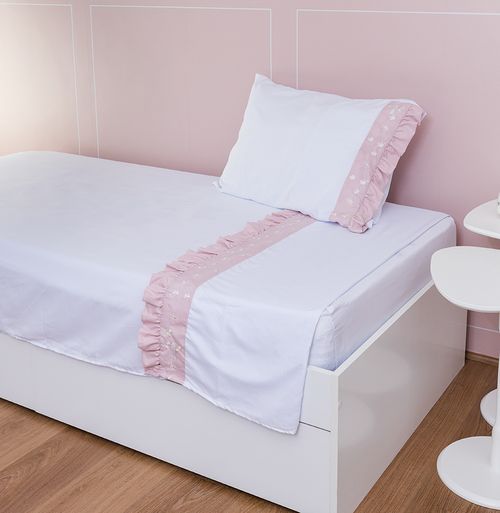 Lençol de Solteiro Flores e Borboletas 3 Peças - Rosa Nuvem