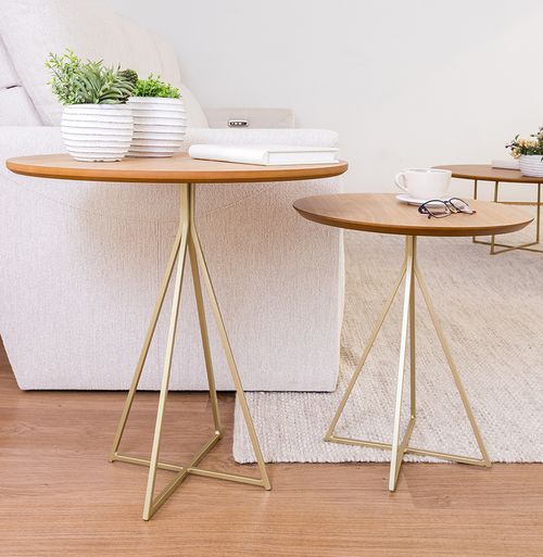 Conjunto de Mesa Lateral Prisma com Base Champagne - Freijó