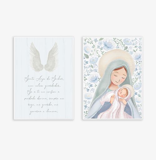 Conjunto com 2 Quadros Nossa Senhora e Oração Azul Moldura Filete Branca - Vertical