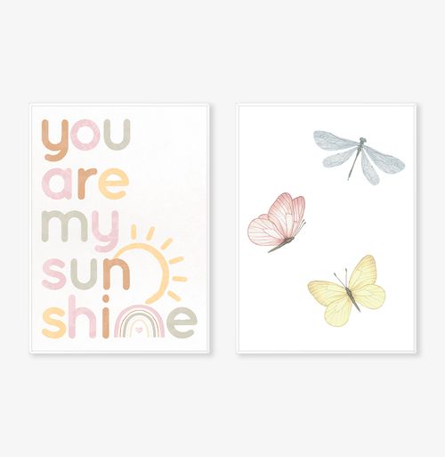 Conjunto com 2 Quadros Borboletas e You Are My Sunshine Aquarela Candy Moldura Filete Branca - Vertical