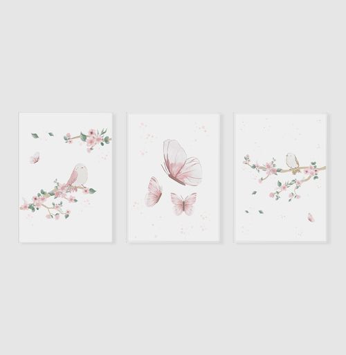 Conjunto com 3 Quadros Jardim Borboletas e Pássaros Rosa Moldura Filete Branca - Vertical