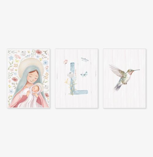 Conjunto com 3 Quadros Nossa Senhora Outono Candy com Inicial Personalizada Moldura Filete Branca - Vertical