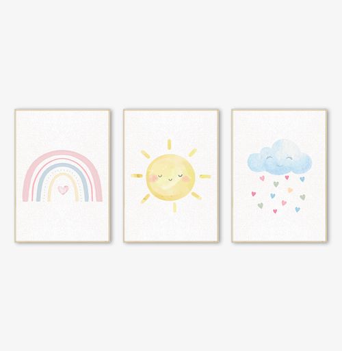 Conjunto com 3 Quadros Arco Íris, Sol e Nuvem Candy Moldura Filete Pinus - Vertical