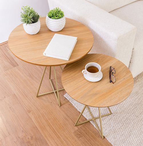 Conjunto de Mesa Lateral Prisma com Base Champagne - Freijó