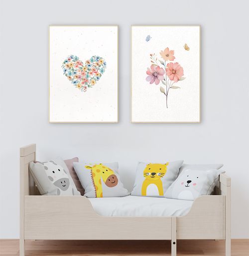 Conjunto com 2 Quadros Flores e Coração Paris Candy Moldura Filete Pinus - Vertical